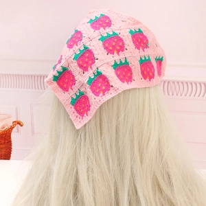 Pink crochet head scarf with 3D strawberry patterns for a sweet pastoral hair style