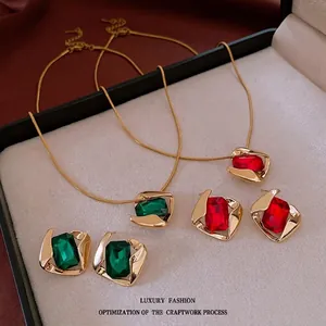 Vintage Rhombus Pendant Necklace And Earrings Titanium Steel Glass Gemstone With Silver Earring Post Luxury Jewelry