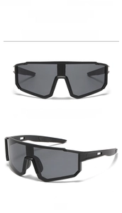 Detail view of all-black cycling sunglasses showing front and 45-degree angle profile