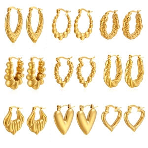 Vintage Geometric C-Shape Hoop Earrings Stainless Steel Chunky Textured Heart Gold Silver Earring For Women Fashion