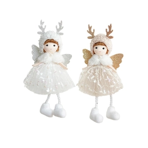 Pink and white plush Christmas angel doll pendants with reindeer antlers and sequin skirts