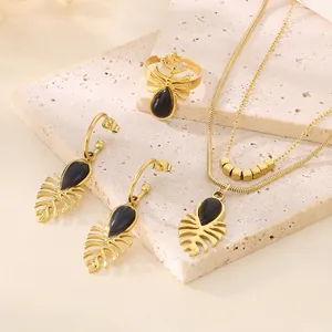 Parure de Bijoux en Acier Inoxydable pour Femmes Collier Chaîne Serpent Double Couche Pendentif Feuille Boucles d'oreilles Opale Bague Réglable Cadeau