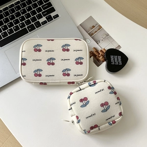 Cherry Print Makeup Bag And Passport Holder Cosmetic Pouch Travel Organizer Canvas Polyester Zippered Floral For Women