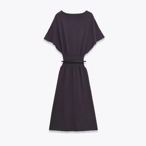 Dark purple knitted midi dress with batwing sleeves and black waist belt