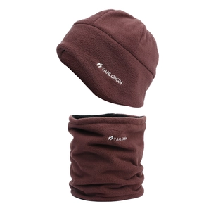 Detail view of dark brown fleece winter hat and neck warmer set with white embroidery