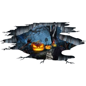 3D Halloween floor decal featuring pumpkin, skull and ghost hand in a cracked wall effect