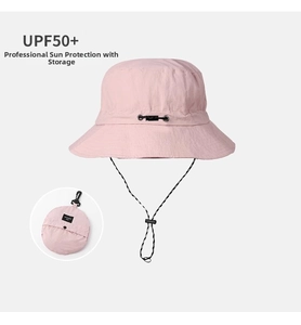 Pink waterproof sun hat with UPF50+ protection and integrated portable storage pouch