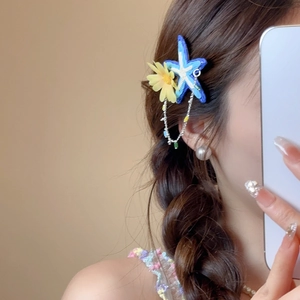 Detail of fabric daisy and blue starfish hair clip with beaded chain on braided hair
