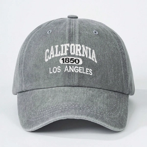 Close-up of California 1850 embroidery on washed grey cotton baseball cap