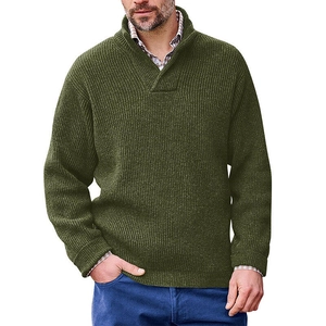 Men's dark green half-zip knit sweater with stand collar and thick ribbed texture