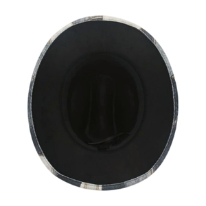 Detail view of the felt jazz hat interior with plaid patchwork brim and adjustable strap