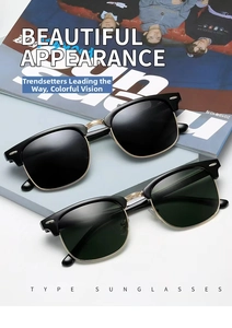 Close-up of retro polarized semi-rimless sunglasses in black gold and silver finishes