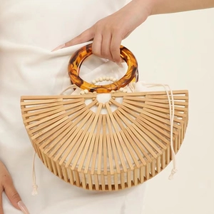 Handwoven Bamboo Handbag Semi Circle Fan Shape Hollow Out Beach Vacation Tote With Resin Handle And Canvas Inner Bag
