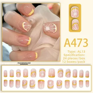 Gentle fresh lemon pattern press-on nails set in soft yellow AL13 oval shape 24pcs