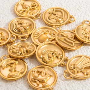 Golden stainless steel zodiac pendant necklaces with embossed celestial round charms