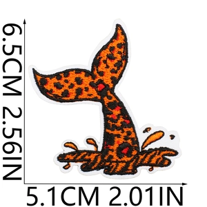 Detail view of leopard print whale tail embroidery patch with 6.5cm height measurements