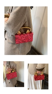 Detail of red acrylic bag with ice crackle finish and golden lion handle
