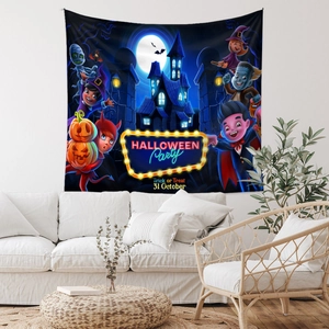 Detail of Halloween tapestry with cartoon vampires and mummies in a modern room decor