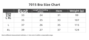Size chart table for halter neck yoga bra including chest, length, and hem measurements