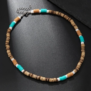 Bohemian wood coconut shell and colorful clay bead necklace with stainless steel clasp