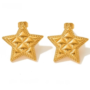 Macro view of gold-plated star stud earrings featuring quilted texture and beaded edges