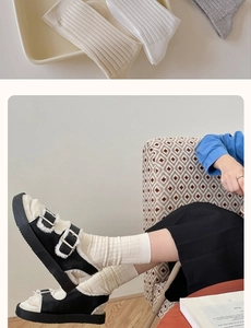 Close-up of ribbed knit crew socks with platform buckle sandals in minimalist style