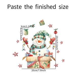 Detaillierte Größenangaben für den Aquarell-Schneemann-Weihnachtsaufkleber mit Schneeflocken