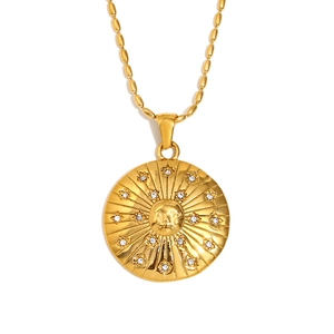 Vintage 18K gold plated compass pendant necklace with sunburst texture and rhinestones