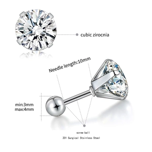 Technical view of steel screw back earring showing 10mm needle length and 3-4mm ball size