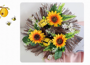 Detailed close-up of a handmade bee festival wreath with sunflowers and green leaves