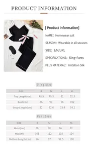 Tableau des tailles détaillé pour ensemble pyjama en imitation soie avec débardeur