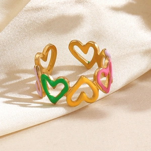 Colorful Enamel Heart Ring Stainless Steel Hollow Heart Band Open Adjustable Trendy Jewelry For Women