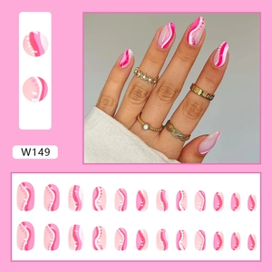 Detailed view of pink wavy pattern and dot design on 24pcs almond press on nails