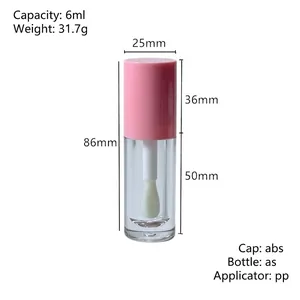 Empty 6ml clear lip gloss tube with pink cap and large brush applicator for makeup