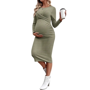 Elegant bean green maternity knit dress with long sleeves and twist front knot design