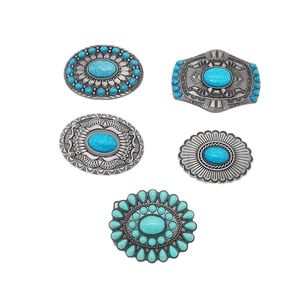 Set of five vintage Western belt buckles with turquoise insets and metal engraving