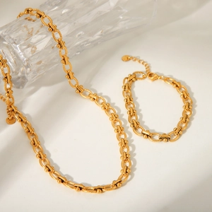 Industrial U-Link Necklace And Bracelet 18K Gold Plated Stainless Steel Geometric Retro Jewelry For Women