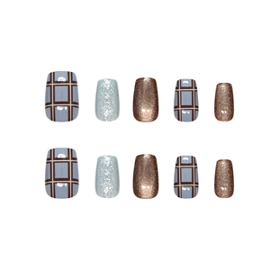 Vintage blue and brown checkered press-on nails with shimmering cat-eye glitter finish