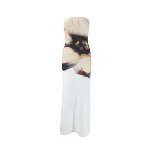 Detail of the chic white tube dress with elegant beige and black abstract floral print