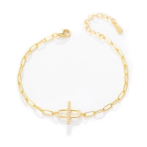 Elegant gold S925 sterling silver paperclip chain bracelet with micro-set zircon accents
