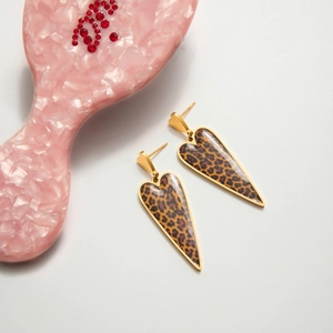 Golden V-shaped heart earrings with leopard print enamel, vintage stainless steel jewelry