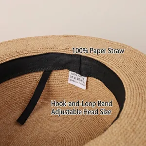 Natural raffia sun hat for women featuring inner adjustable Velcro strap and sweatband
