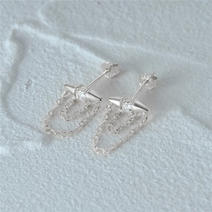 Detailed close-up of S925 sterling silver evil eye stud earrings with fringe chain