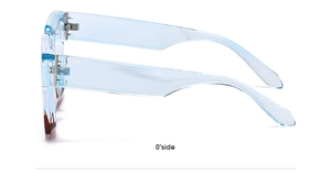 Detailed side view of blue transparent temples and brown gradient square glasses frames