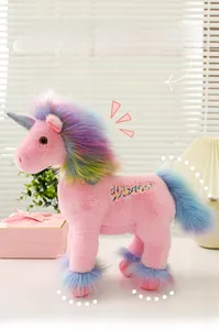 Detailaufnahme vom rosa Einhorn Stofftier mit Regenbogenfell und Wisdom Stickerei