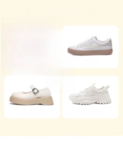 Detailed grid showing casual brown loafers, white sneakers, and Mary Janes with stylish socks