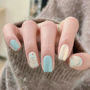 Press On Nails Short Square Mint Blue Polka Dot Design Artificial Pearl White Artificial False Fingernails For Women