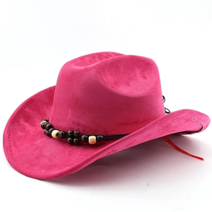 Detail of rose red suede western cowboy hat with ethnic beads and adjustable chin strap
