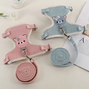 Pink and blue bear pattern pet harness and leash set made of durable woven canvas