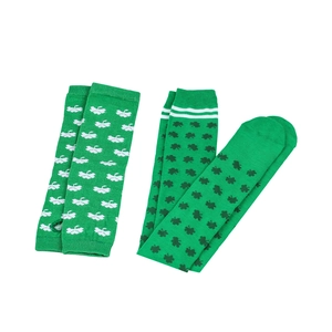 Detailed view of St. Patrick's Day green clover patterned arm sleeves and over-the-knee socks